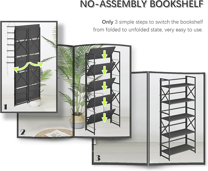 4NM 5 Tiers No Assembly Book Shelves, 51.2" H Folding Bookshelf Bookcase Open - Image 6