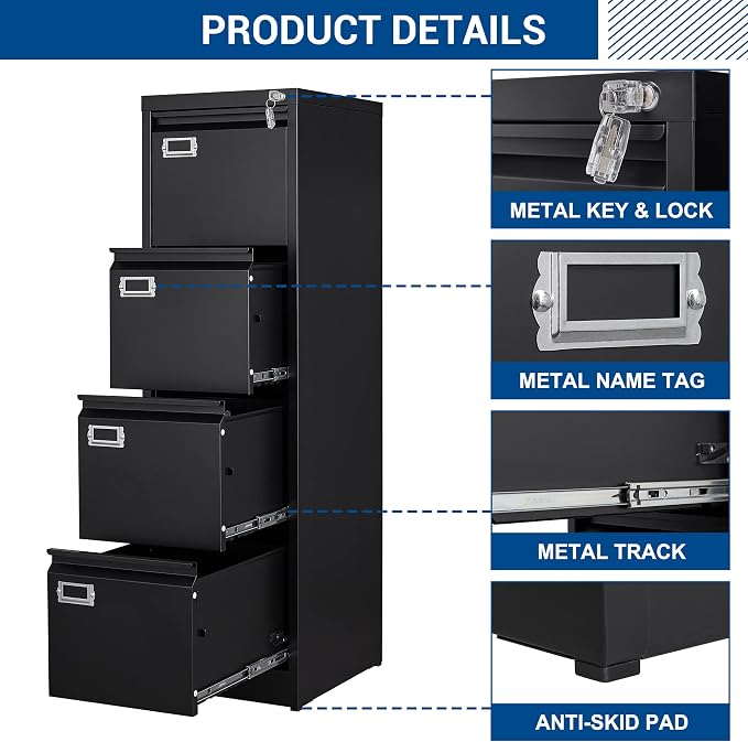 File Cabinet - 4 Drawers Vertical 17.8" Deep Lockable Filing Cabinet Black - Image 6