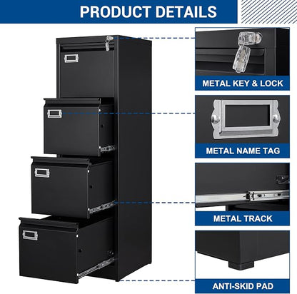 File Cabinet - 4 Drawers Vertical 17.8" Deep Lockable Filing Cabinet Black - Image 6