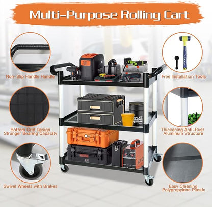 Utility Carts with Wheels, 3-Tier Rolling Cart with Wheels, Heavy Duty 510 LBS - Image 3