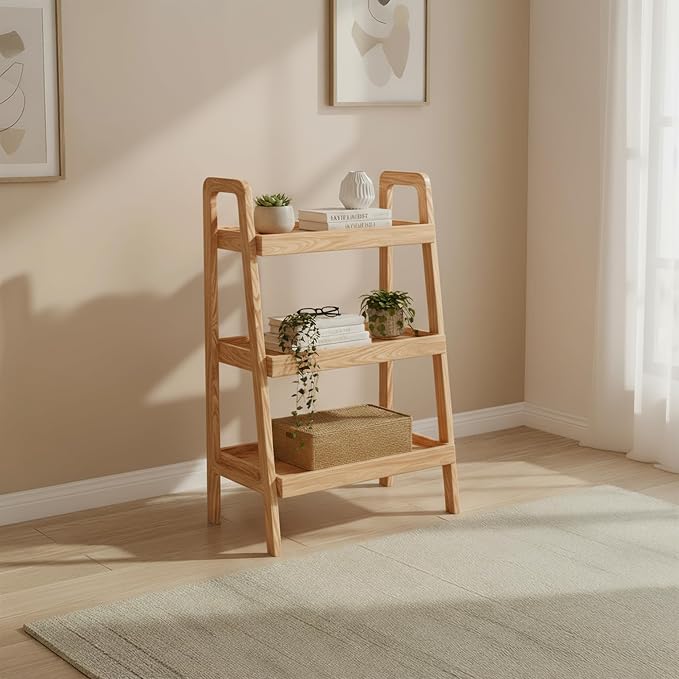 100% Solid Oak 3 Tier Ladder Shelf by Vadisun