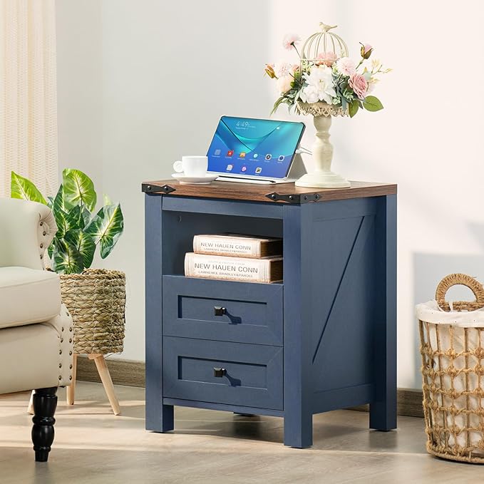 Nightstand with Charging Station, Farmhouse Night Stand with 2 Drawers and - Image 8