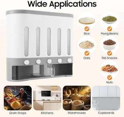 5 Grids Dry Food Dispenser, Wall mounted Rice Storage Dispenser Cereal - Image 7