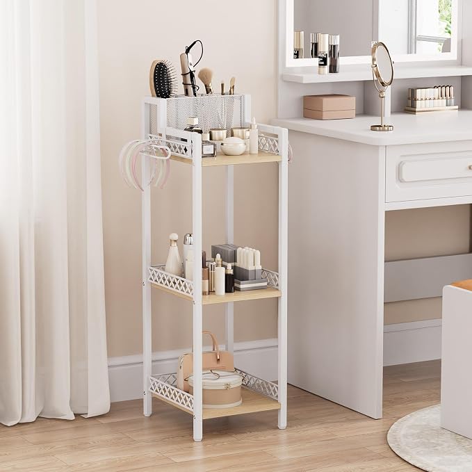 Slim Bathroom Storage Shelf Unit, 3 Tier Corner Storage, Rustic Makeup Organizer - Image 6