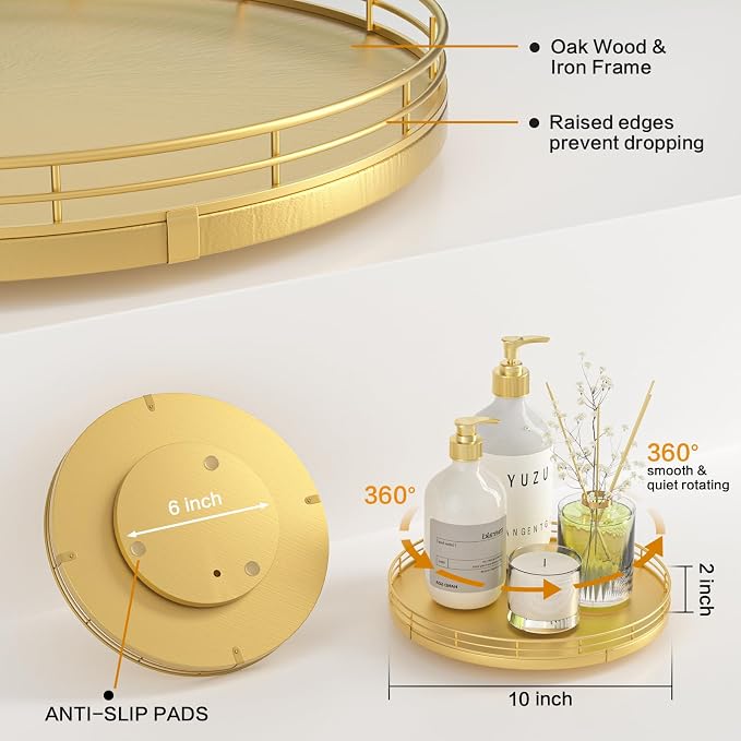 10" Gold Lazy Susan for Table Top, Oak Wood Lazy Susan Turntable Organizer for - Image 5