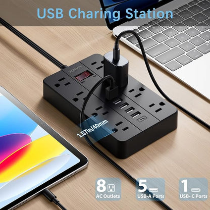 15 Ft Long Extension Cord Power Strip Surge Protector, HUNIAN Flat Plug - Image 2