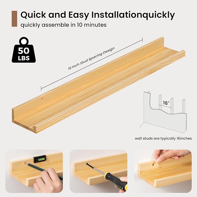 Picture Ledge Shelf, Solid Pine Wood Floating Shelves Set of 2, 24 Inches - Image 5
