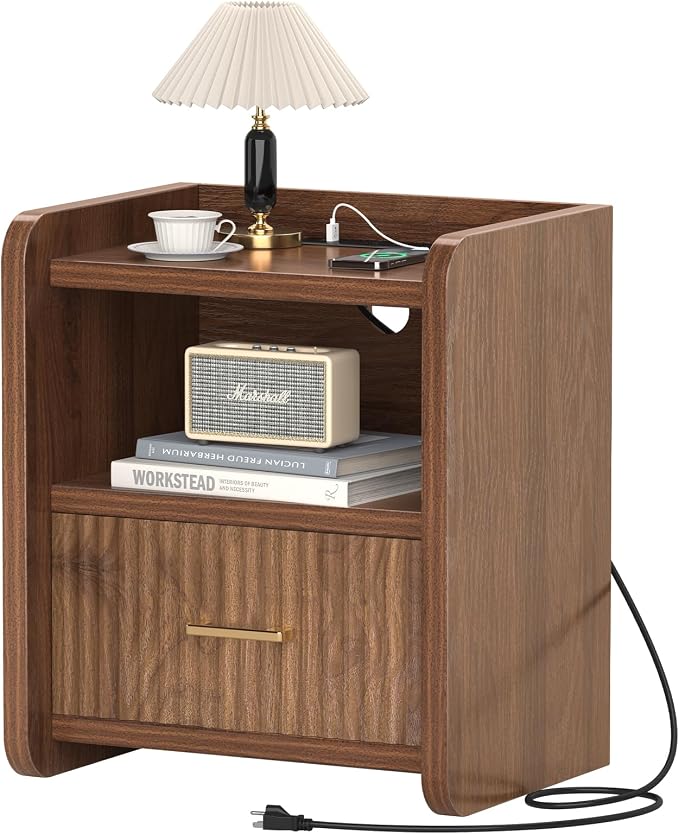 Night Stand with Charger Station, Fluted Wood Nightstand with Drawer Storage - Image 9