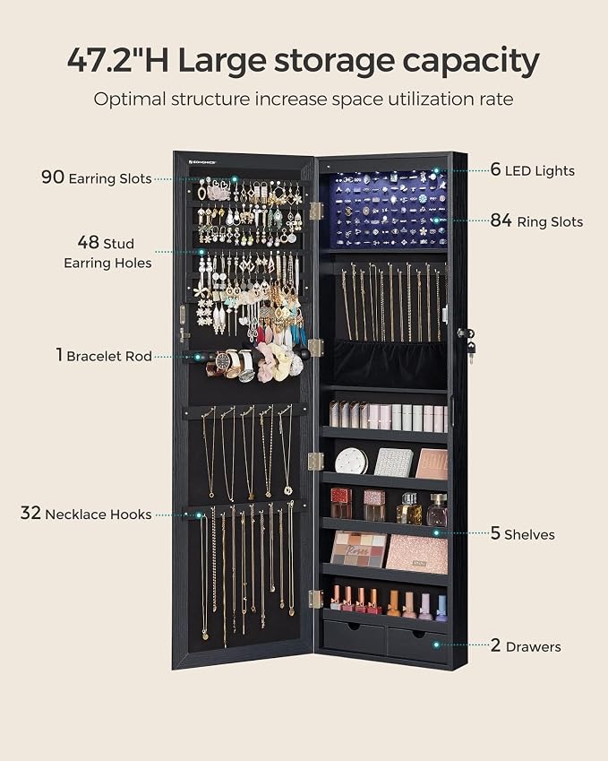 SONGMICS 6 LEDs Mirror Jewelry Cabinet, 47.2-Inch Tall Lockable Wall or Door - Image 5
