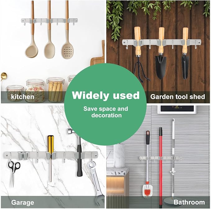 2 Pack Broom Holder Wall Mount 3 Racks 4 Hooks Stainless Steel Broom Mop Holder - Image 7