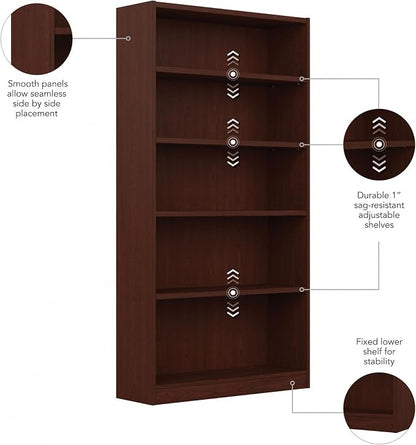 Bush Furniture Universal Tall 5 Shelf Bookcase in Vogue Cherry, Vertical - Image 6