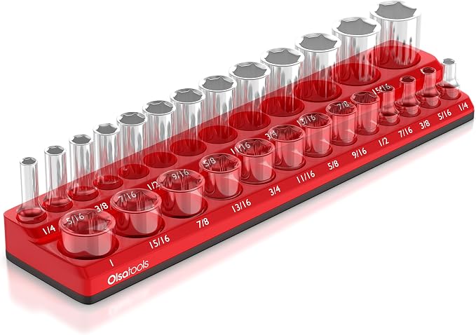 Olsa Tools Magnetic Socket Organizer | 3/8-inch Drive | SAE | RED | Holds 26 by OlsaTools
