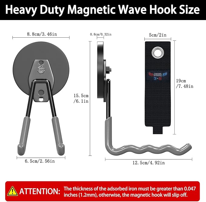 3-H Magnetic Wave Hooks Heavy Duty 2 Pack, Large Magnet Garage Hooks Heavy Duty - Image 2