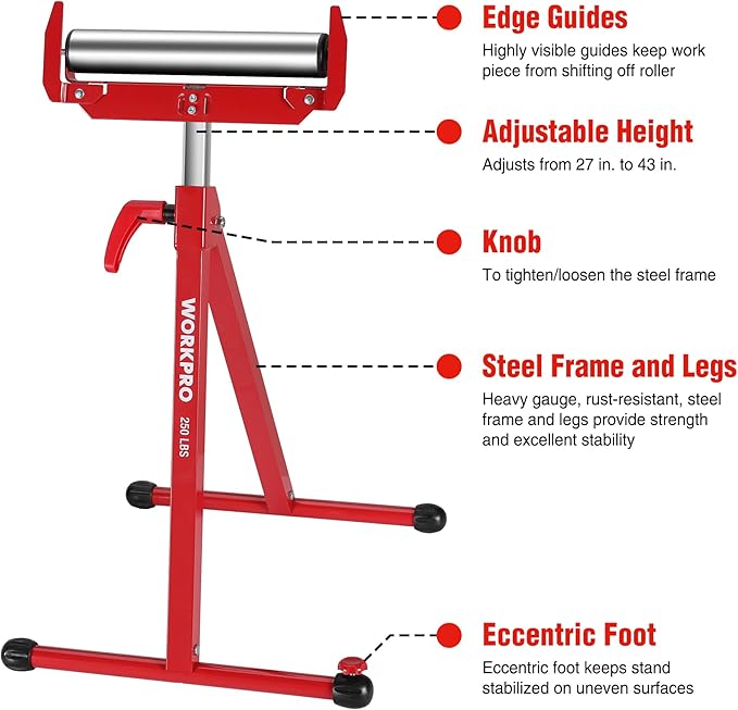 WORKPRO Folding Roller Stand Height Adjustable, Heavy Duty 250 LB Load Capacity - Image 2