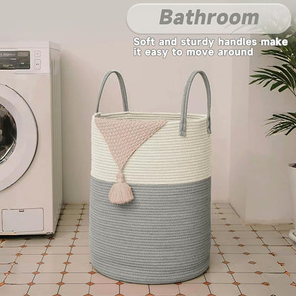 Large Woven Laundry Basket Hamper, 60L Cotton Rope Storage Bin - Image 5