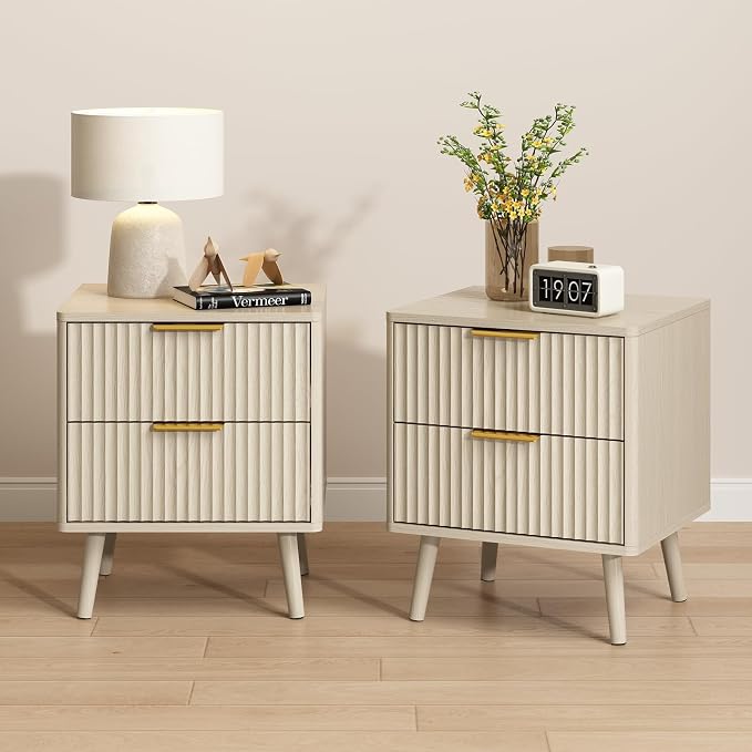 CARPETNAL Fluted Nightstand Set of 2, Wood End Table Mid Century Night Stands by CARPETNAL