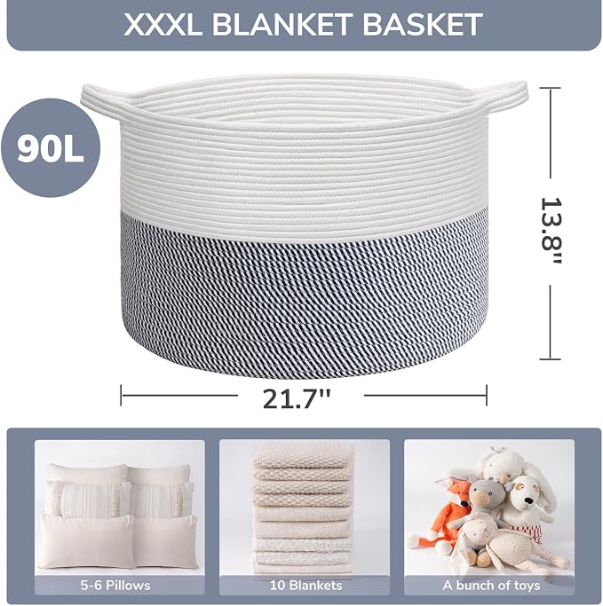 INDRESSME XXXLarge Cotton Rope Basket 21.7" x 21.7" x 13.8" Woven Baby Laundry - Image 3