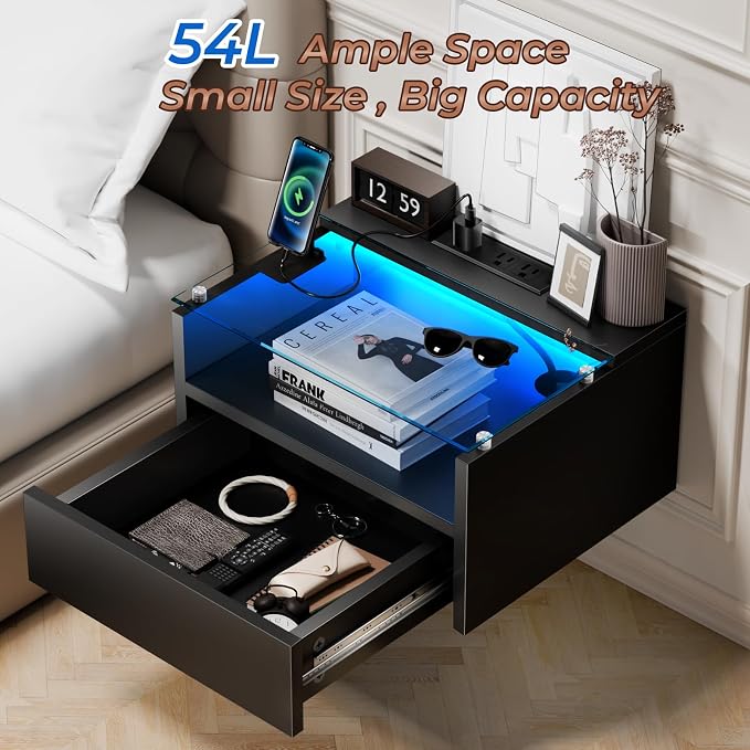 Loomie Black Floating Nightstands Set of 2, 18.9” Bedside Table w/Charging - Image 7