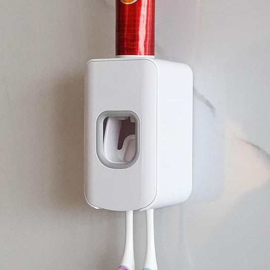 2 Slot Toothbrush Holder and Toothpaste Dispenser Wall Mounted, Automatic by LUEXBOX
