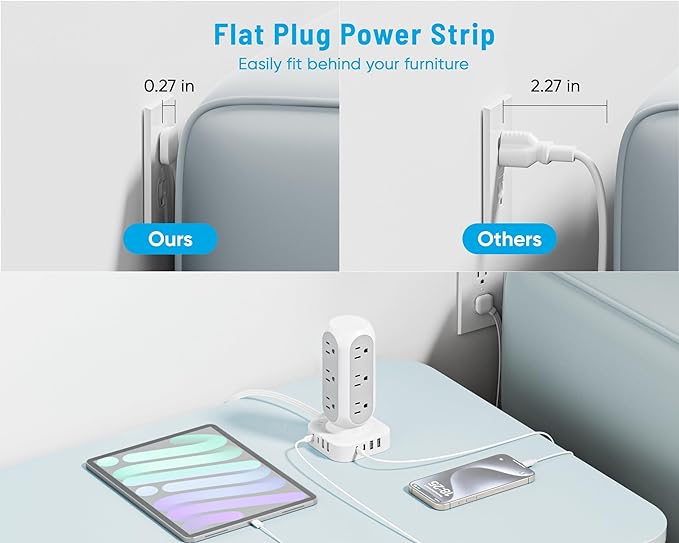 65W Fast Charging Station, Flat Plug Power Strip Tower - Image 4