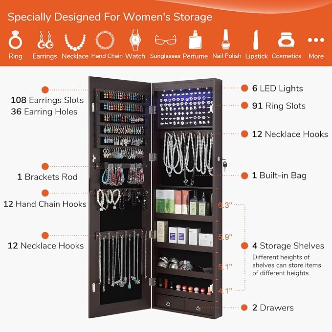 GISSAR Full Length Mirror Jewelry Cabinet, 6 LEDs Jewelry Armoire Wall Mounted - Image 4