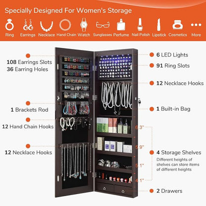 GISSAR Full Length Mirror Jewelry Cabinet, 6 LEDs Jewelry Armoire Wall Mounted - Image 4