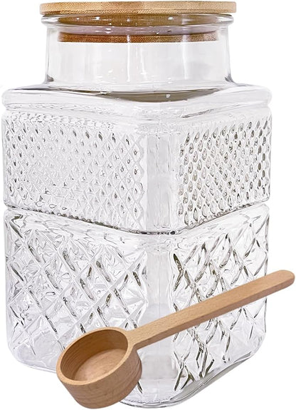 Viovian Large Glass Jar with Wood Lid and Spoon 60 OZ Square Thick Glass by Viovian