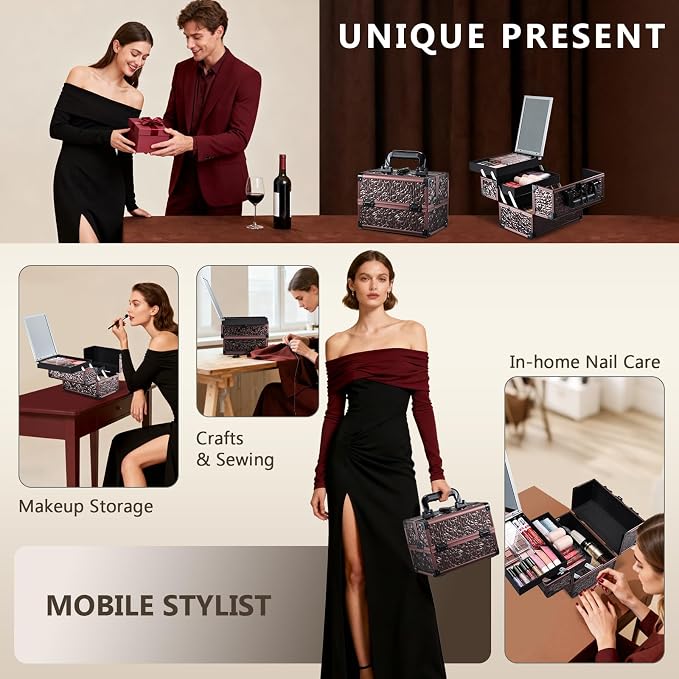 Joligrace Makeup Train Case Cosmetic Box Portable Makeup Case Organizer 2 Trays - Image 3