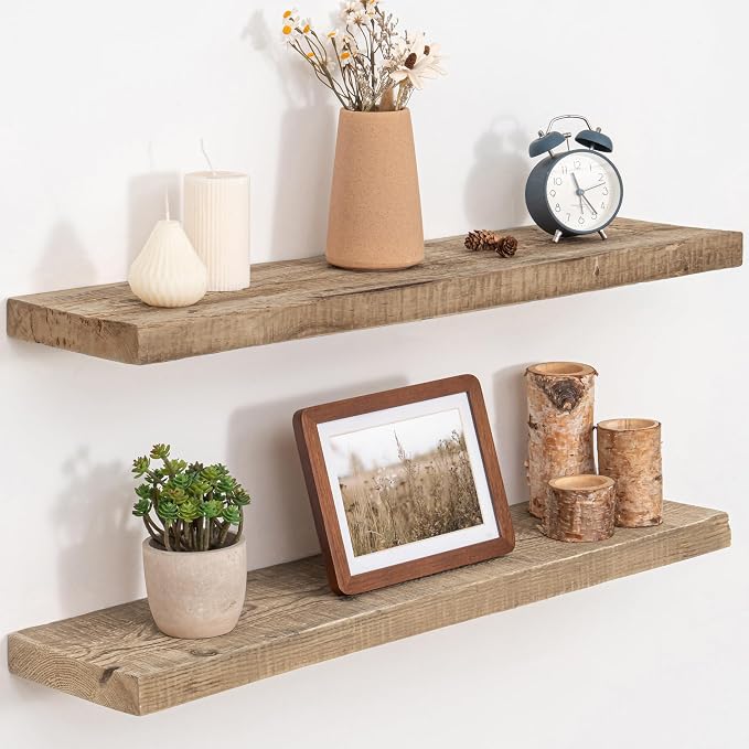 Floating Shelves, 8 Inch Deep Rustic Solid Reclaimed Wood Wall Shelves by FLYJOE