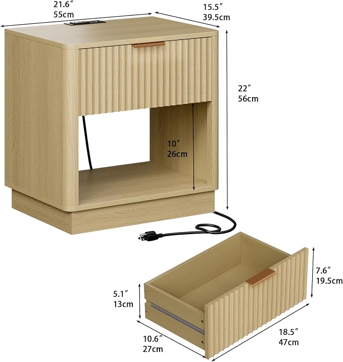 Fluted Nightstand with Charging Station Modern Bedside Table with Drawer and - Image 2