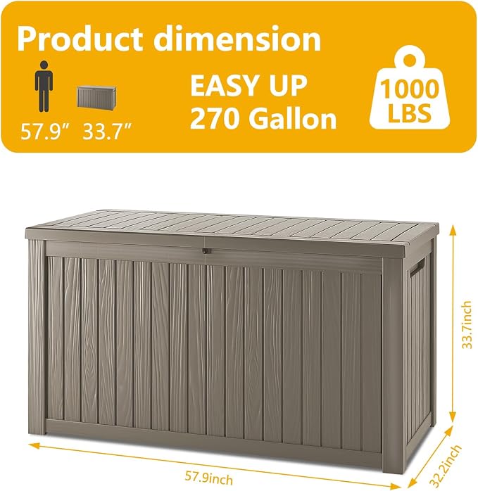 270 Gallon Deck Box, Resin Outdoor Indoor Waterproof Storage Box, Lockable - Image 2