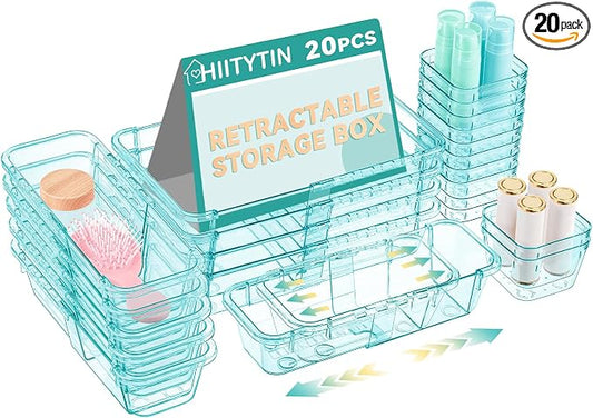 20 Pcs Adjustable Clear Drawer Organizer, Extendable Vanity Storage Bins by Hiitytin