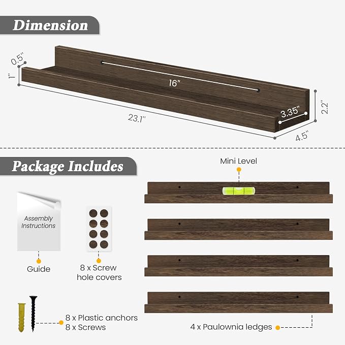 Forbena 24 Inch Rustic Picture Ledge Shelf Set of 4, Wooden Floating Shelves - Image 3
