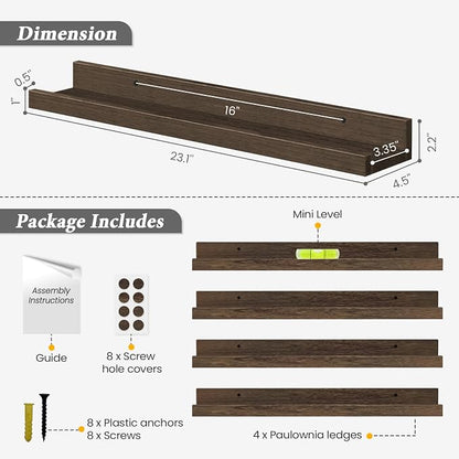Forbena 24 Inch Rustic Picture Ledge Shelf Set of 4, Wooden Floating Shelves - Image 3