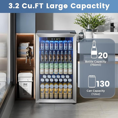 Mini Fridge 130 Can Beverage Refrigerator Cooler, 3.2 Cu.Ft Drink Fridge - Image 2