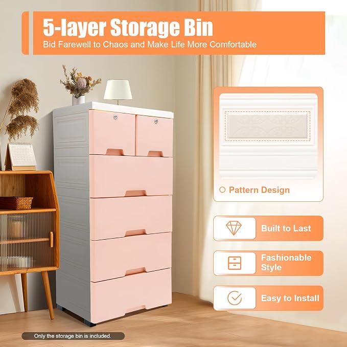5-Layers Plastic Dresser with 6 Drawers Movable Chest of Drawers Locked Storage - Image 2