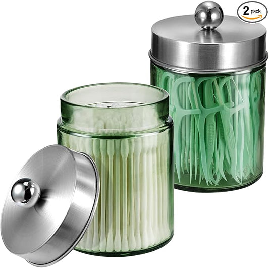 Amolliar Sage Green Qtip Holder, Glass Apothecary Jar Metal Lid & Sticker by Amolliar