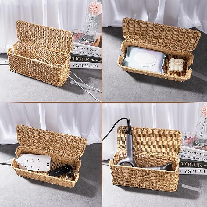 Cable Management Box, Handmade Rattan Cable Organizer, 2 Open Slots Cords Hider - Image 6
