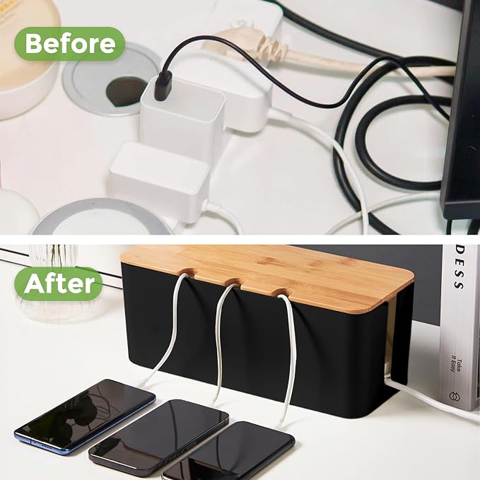 Cord Organizer Box Black 2 Pack, Wooden Cable Management Box - Image 4