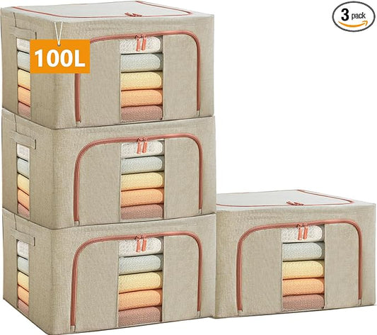 100L Large Storage Bags, Linen Stackable Clothes Storage Bins by SWEERI