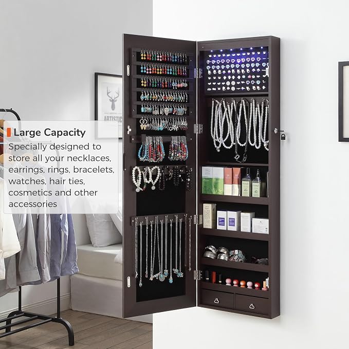 GISSAR Full Length Mirror Jewelry Cabinet, 6 LEDs Jewelry Armoire Wall Mounted - Image 3