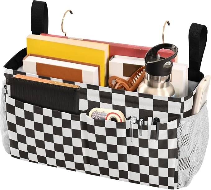 Checkered Black Bedside Caddy for Dorm Bed Bedside Hanging Caddy Bag Iron Frame - Image 3