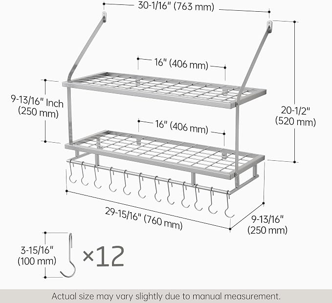 KES 30-Inch Silver Gray Pot Rack Wall Mounted, 2-Tier Hanging Pot and Pan - Image 5