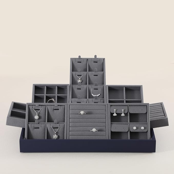 Dark Blue Jewelry Display Tray Ring Necklace Earring Bangle Organizer - Image 5