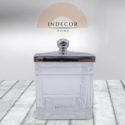 Apothecary Glass Cotton Jar Holder Silver Stainless Steel Lid, Elegant Bathroom - Image 2