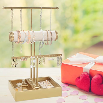 Jewelry Organizer Stand Necklace Organizer Earring Holder, 3-Tier Gold Jewelry - Image 5