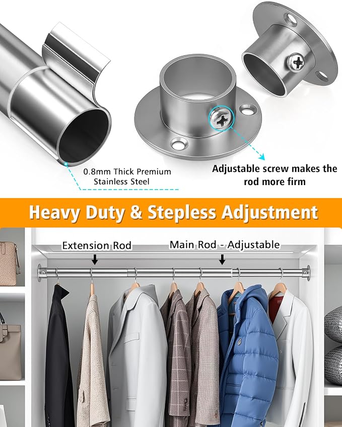 Closet Rods for Hanging Clothes, 17-28 Inch Heavy Duty and Stepless Adjustable - Image 3