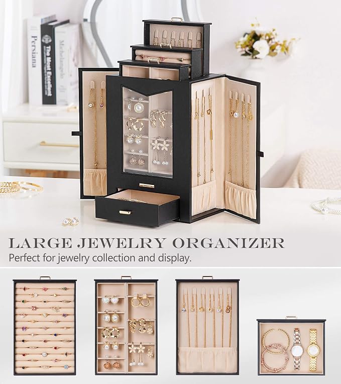 Homde Jewelry Organizer with Transparent Window Necklace Hooks Gift - Image 5