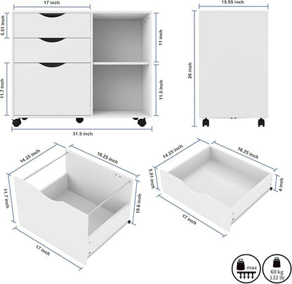 QDSSDECO 3-Drawer with Shelf Wood File Cabinet Mobile Lateral Filing Cabinet - Image 3