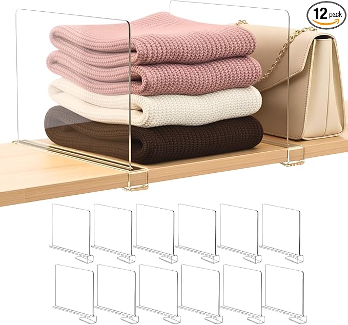 Shelf Dividers Purse Organizer for Closet: 12-Pack Acrylic Bag Storage by SortNStore